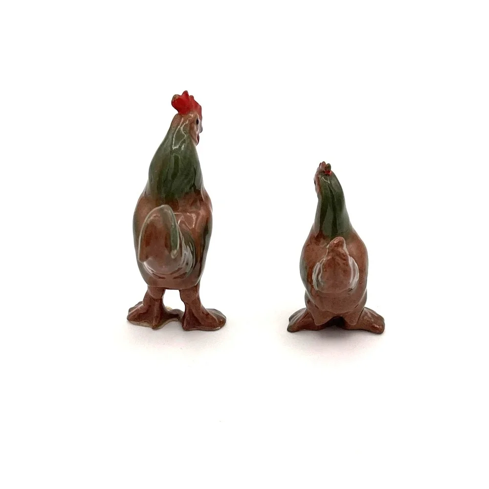 Rooster Hen Chicken Figurine Set Ceramic Miniature Farm Birds Pair